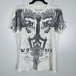 Xzavier Graphic T Shirt Skull Sword Wings Y2K Print White Mens Size Large